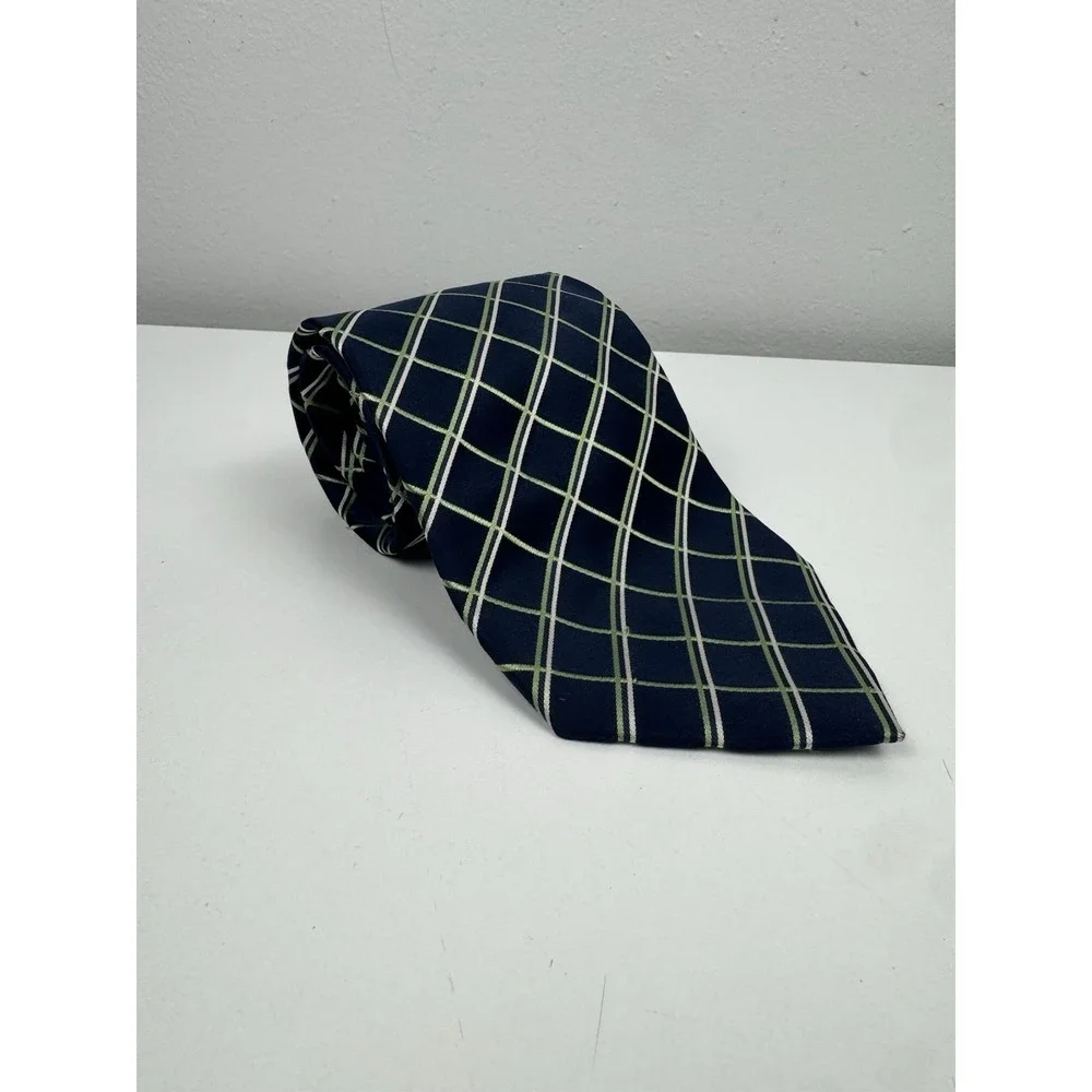 Vtg Y2K Pierre Cardin 100%‎ Silk Tie Navy Green Plaid Classic Necktie